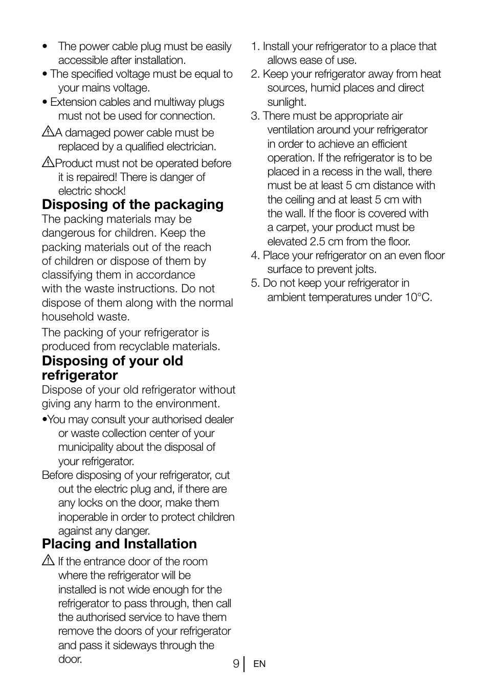 Disposing of the packaging, Disposing of your old refrigerator, Placing and installation a | Blomberg TSM 1551 A User Manual | Page 10 / 84