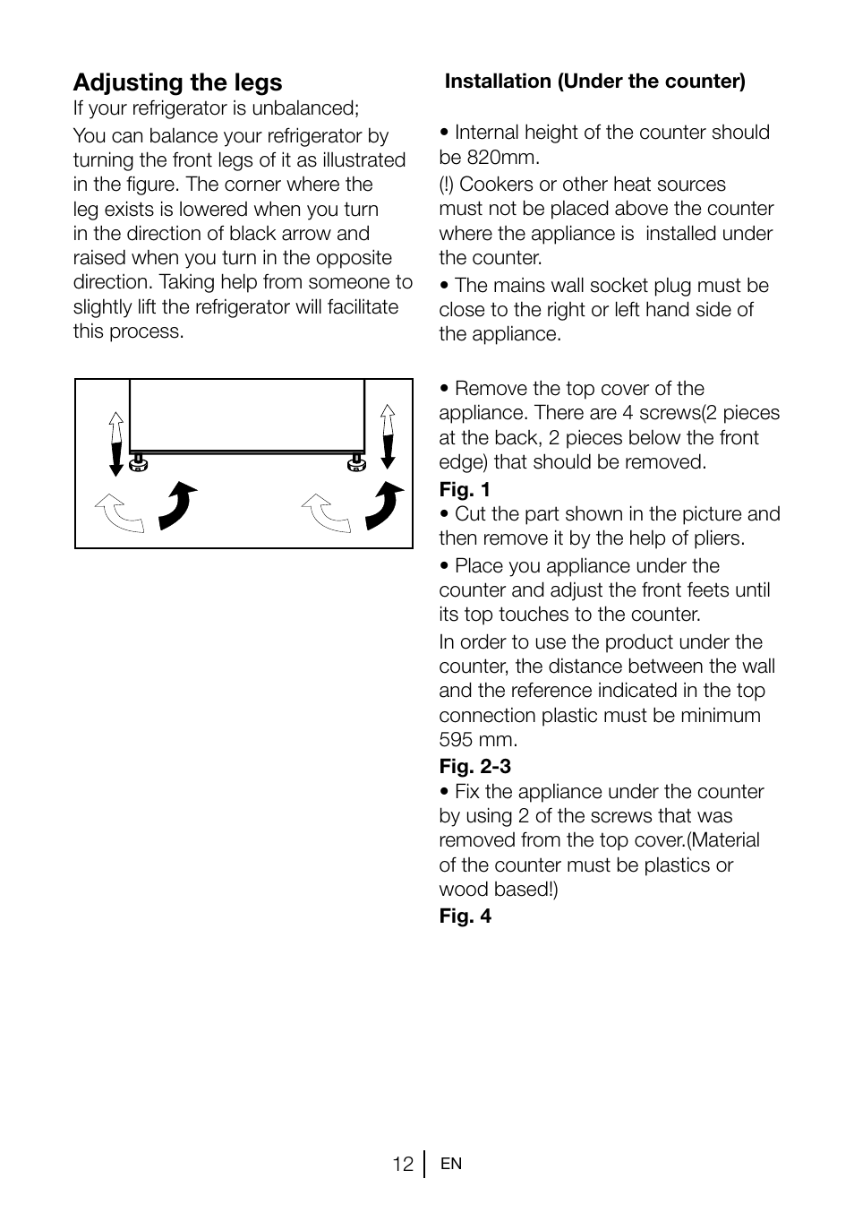 Adjusting the legs | Blomberg TSM 1551 A User Manual | Page 13 / 84