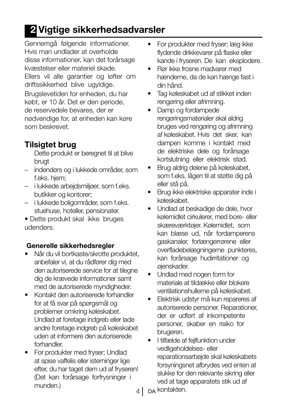 2vigtige sikkerhedsadvarsler, Tilsigtet brug | Blomberg TSM 1551 A User Manual | Page 67 / 84