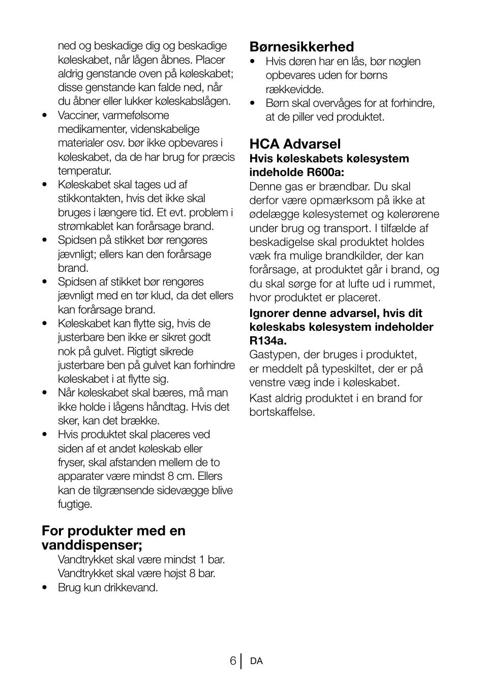 Børnesikkerhed, Hca advarsel, For produkter med en vanddispenser | Blomberg TSM 1551 A User Manual | Page 69 / 84