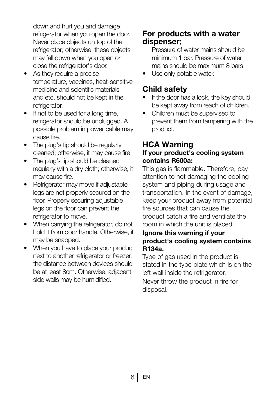 For products with a water dispenser, Child safety, Hca warning | Blomberg TSM 1551 A User Manual | Page 7 / 84