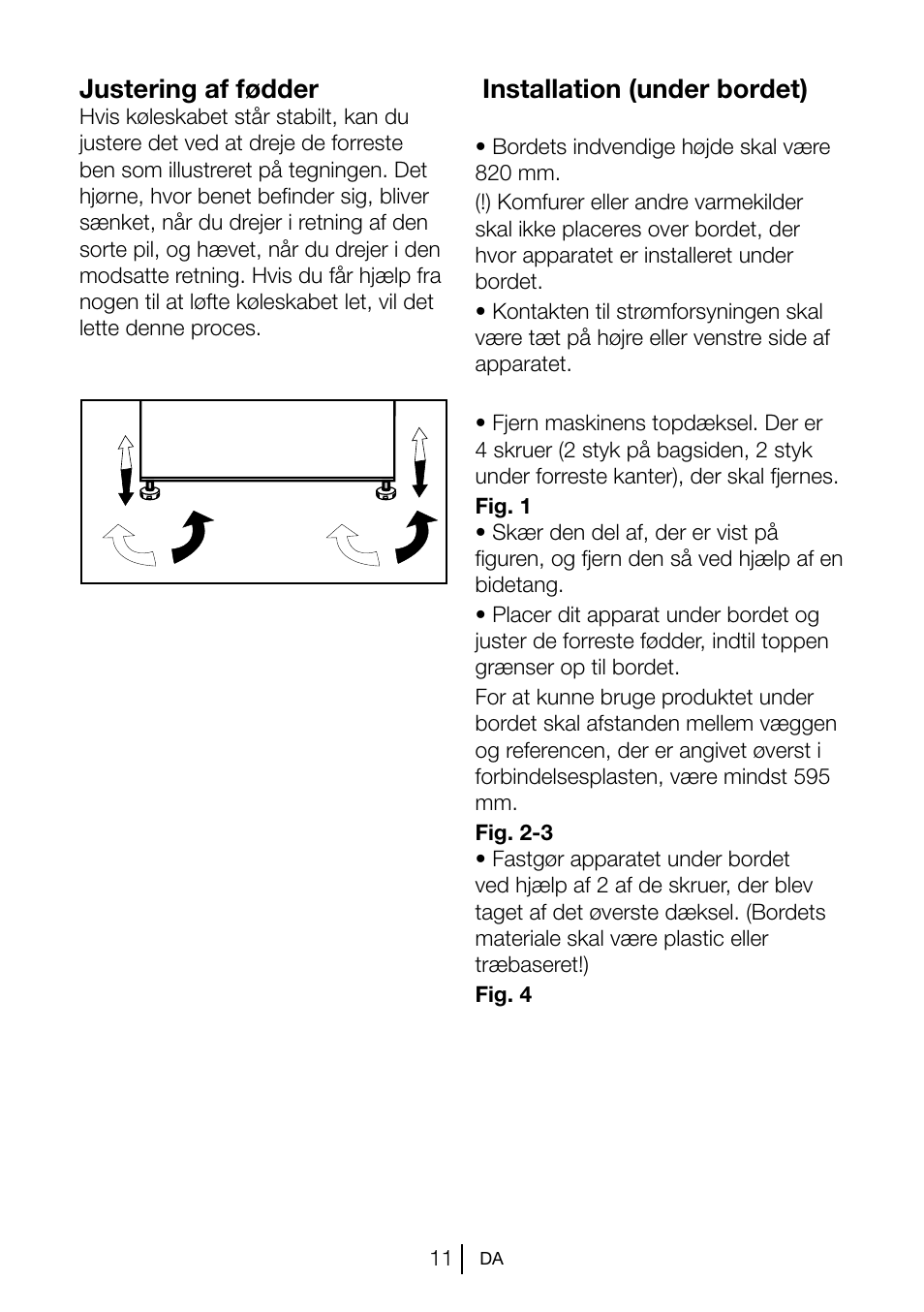 Justering af fødder, Installation (under bordet) | Blomberg TSM 1551 A User Manual | Page 74 / 84