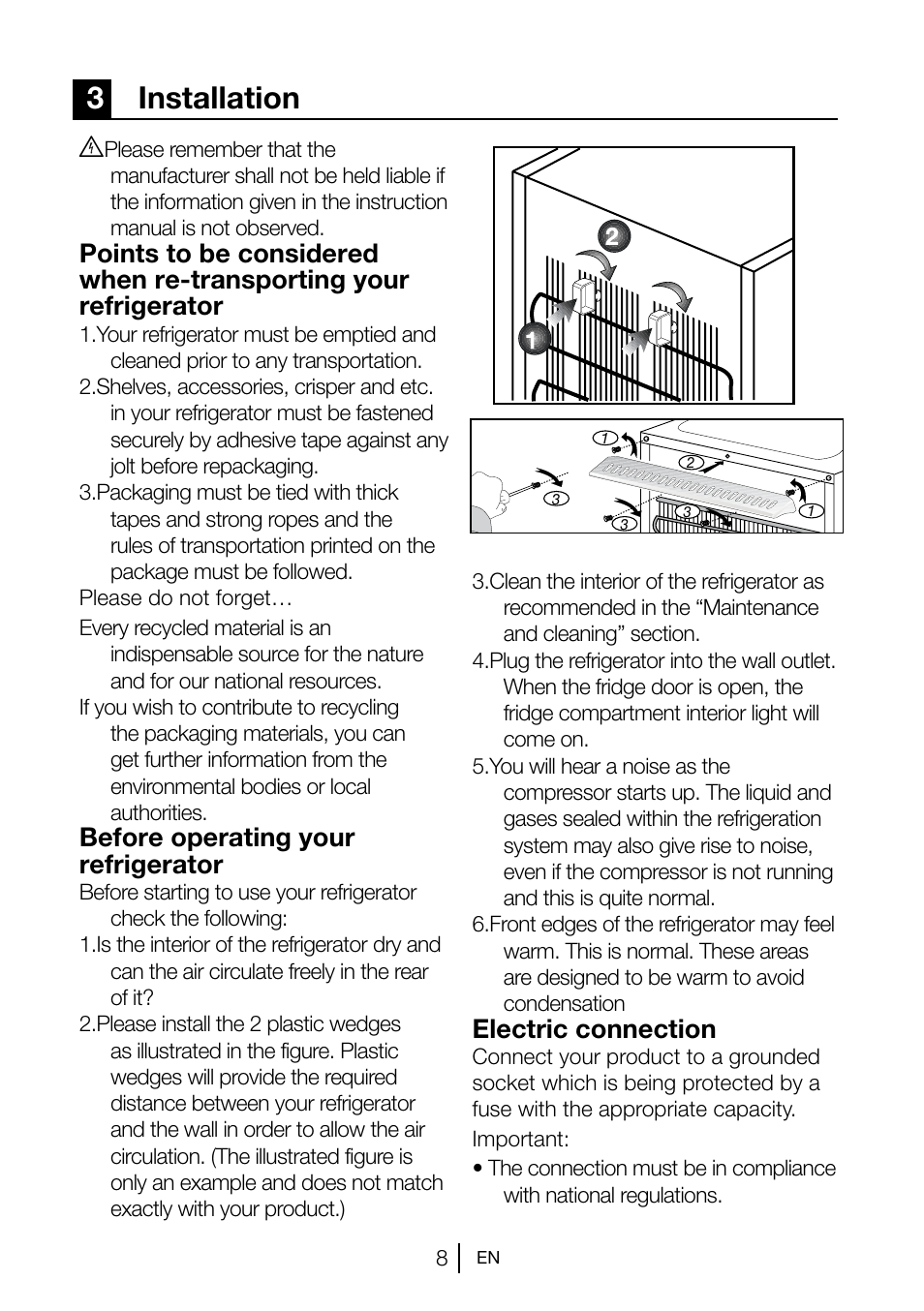 3installation, Before operating your refrigerator, Electric connection | Blomberg TSM 1551 A User Manual | Page 9 / 84