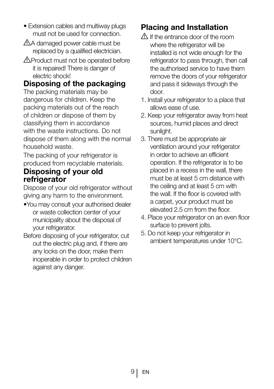 Placing and installation a, Disposing of the packaging, Disposing of your old refrigerator | Blomberg SND 9681 XD User Manual | Page 10 / 81