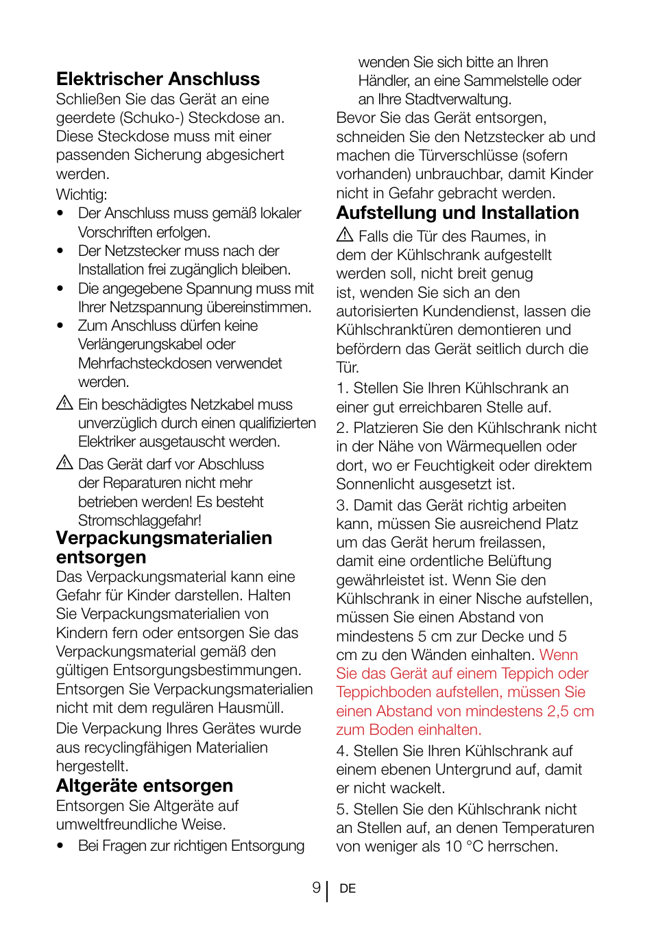 Aufstellung und installation a, Elektrischer anschluss, Verpackungsmaterialien entsorgen | Altgeräte entsorgen | Blomberg SND 9681 XD User Manual | Page 30 / 81