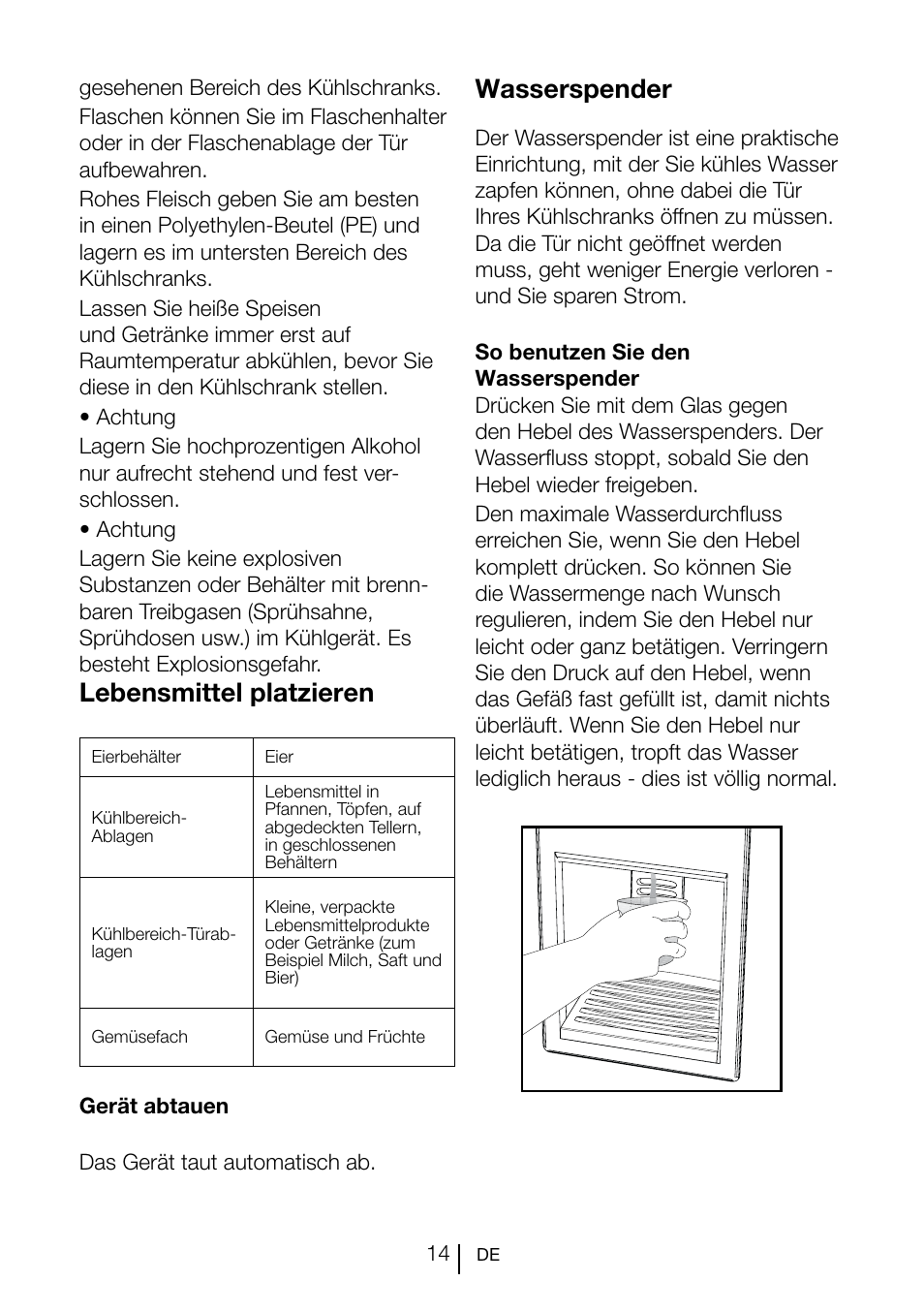Lebensmittel platzieren, Wasserspender | Blomberg SND 9681 XD User Manual | Page 35 / 81