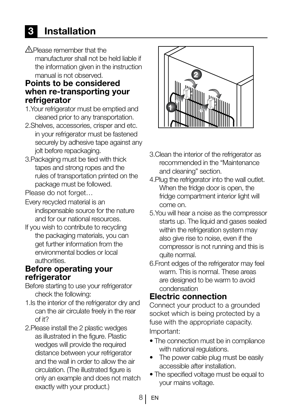 3installation, Before operating your refrigerator, Electric connection | Blomberg SND 9681 XD User Manual | Page 9 / 81