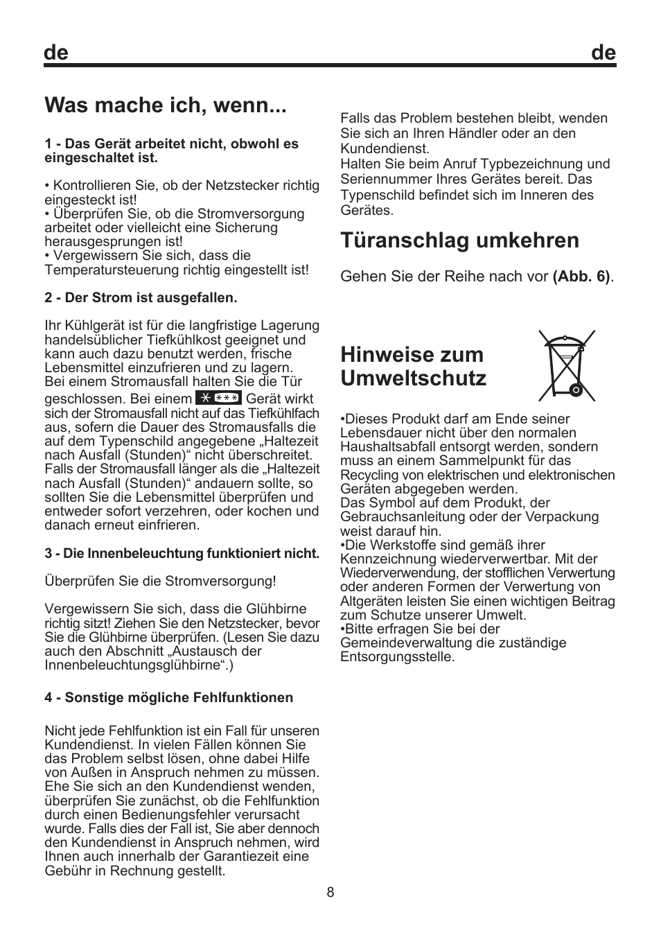 Was mache ich, wenn, Hinweise zum umweltschutz, Türanschlag umkehren | Blomberg SSM 1350 User Manual | Page 15 / 100