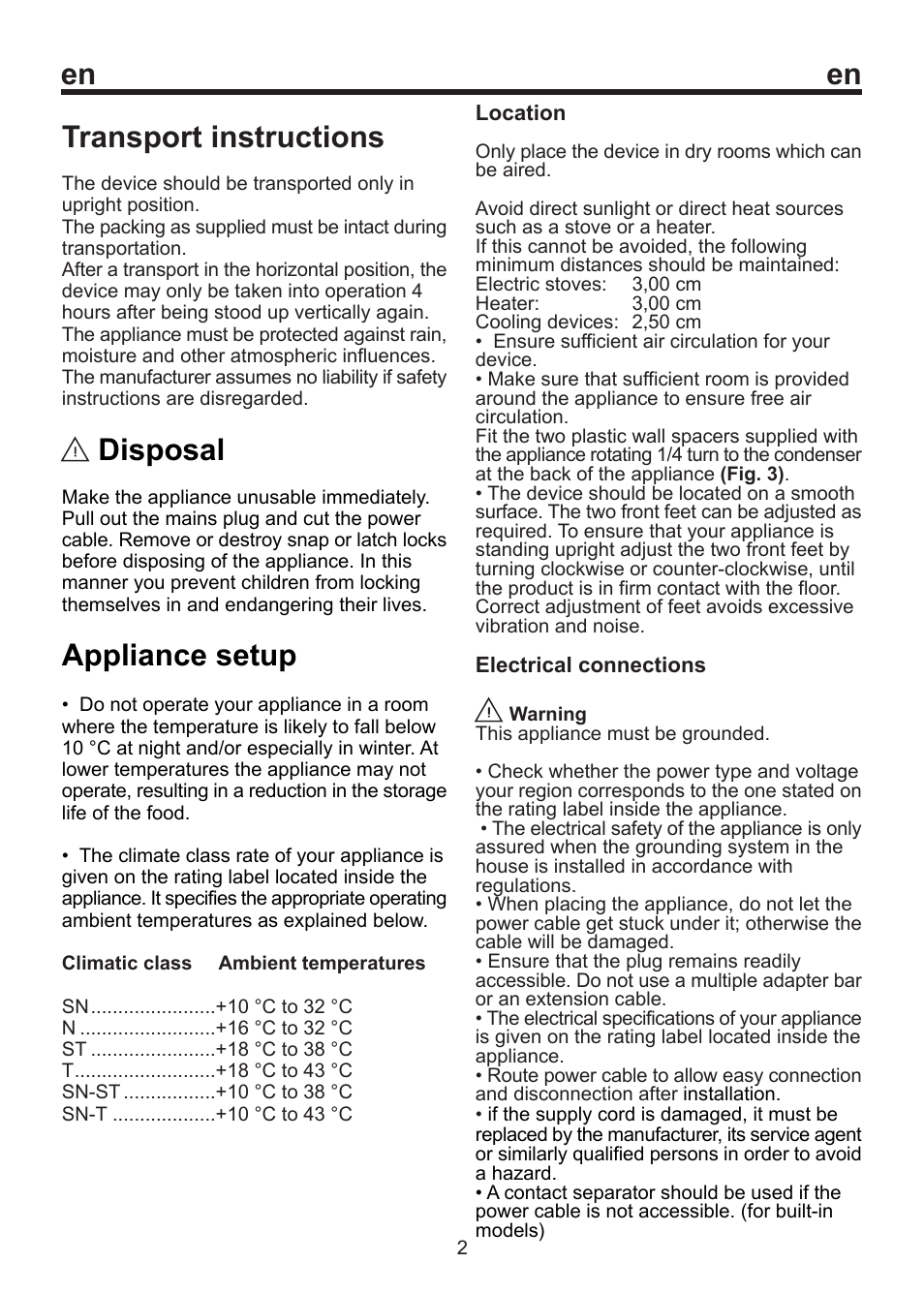 En transport instructions, Disposal, Appliance setup | Blomberg SSM 1350 User Manual | Page 18 / 100