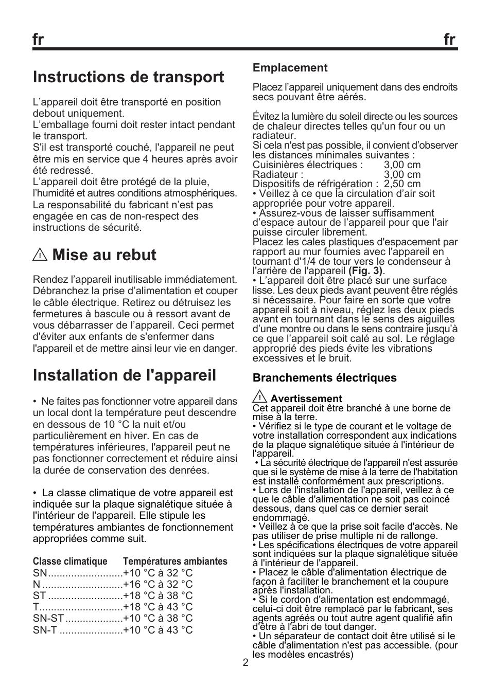 Fr instructions de transport, Mise au rebut, Installation de l'appareil | Blomberg SSM 1350 User Manual | Page 27 / 100