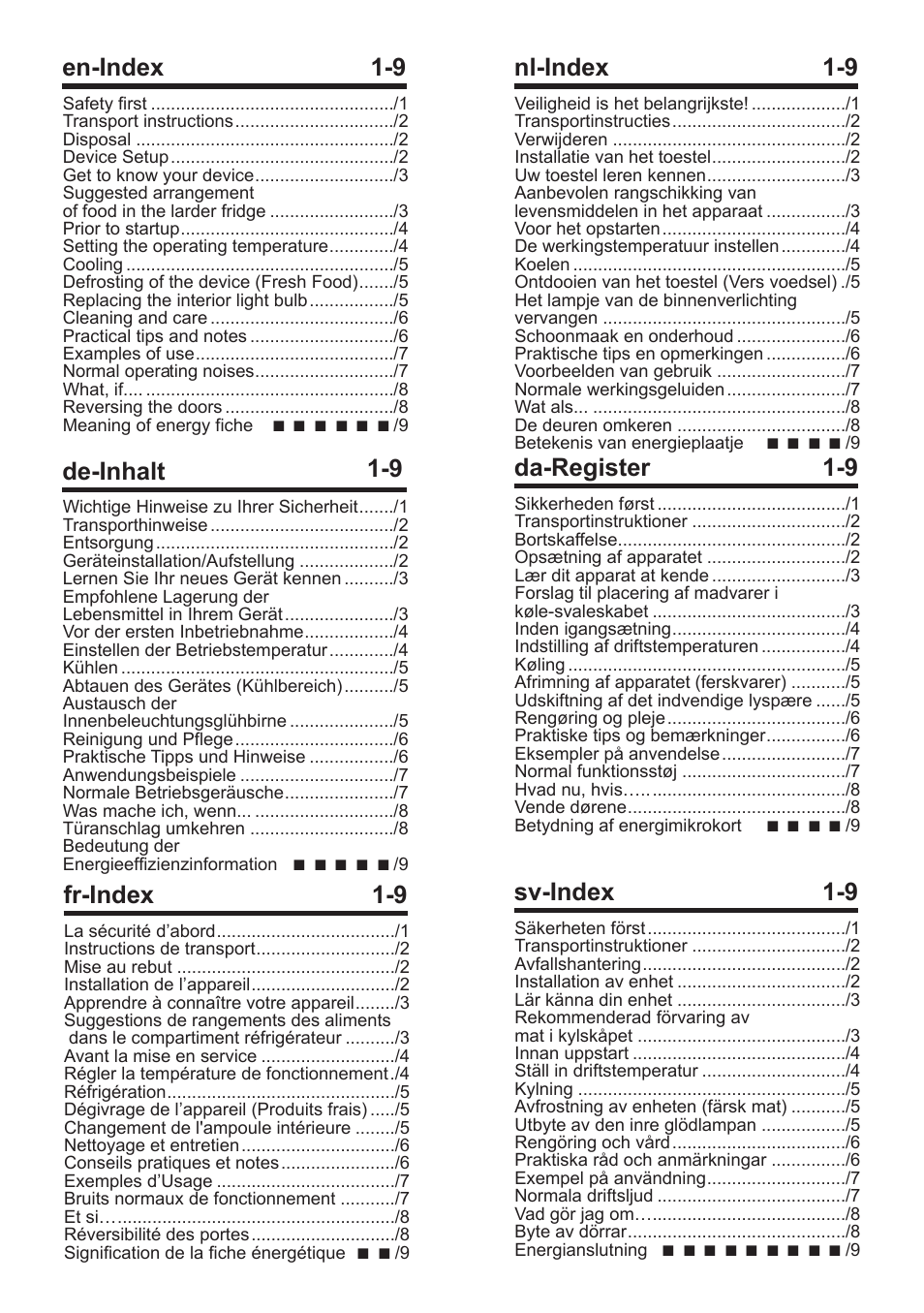 En-index 1-9, Da-register 1-9, Fr-index 1-9 | Nl-index 1-9, Sv-index 1-9, De-inhalt 1-9 | Blomberg SOM 9750 A+ User Manual | Page 2 / 97