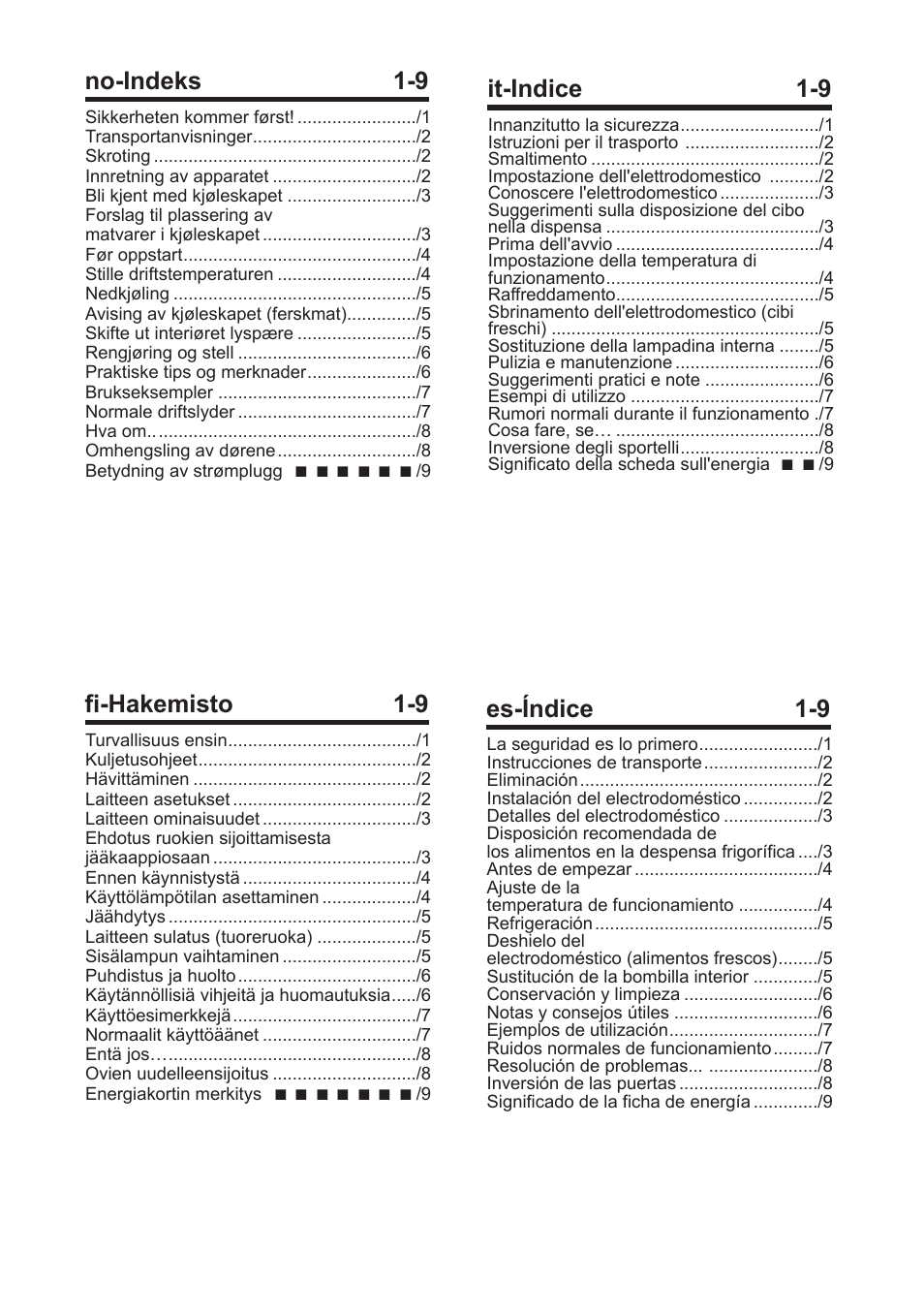 Fi-hakemisto 1-9, No-indeks 1-9, It-indice 1-9 | Es-índice 1-9 | Blomberg SOM 9750 A+ User Manual | Page 3 / 97