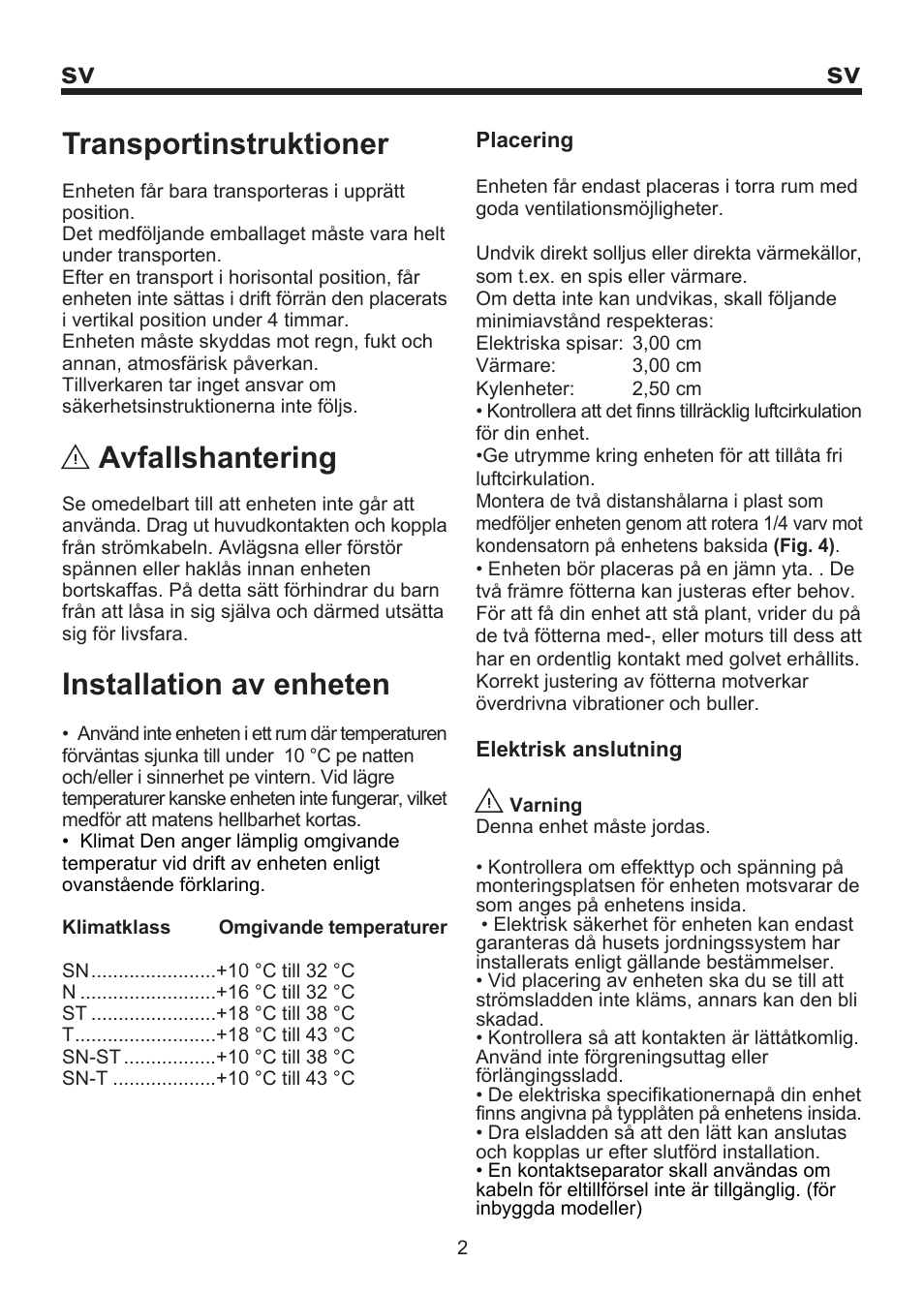 Sv transportinstruktioner, Avfallshantering, Installation av enheten | Blomberg SOM 9750 A+ User Manual | Page 53 / 97