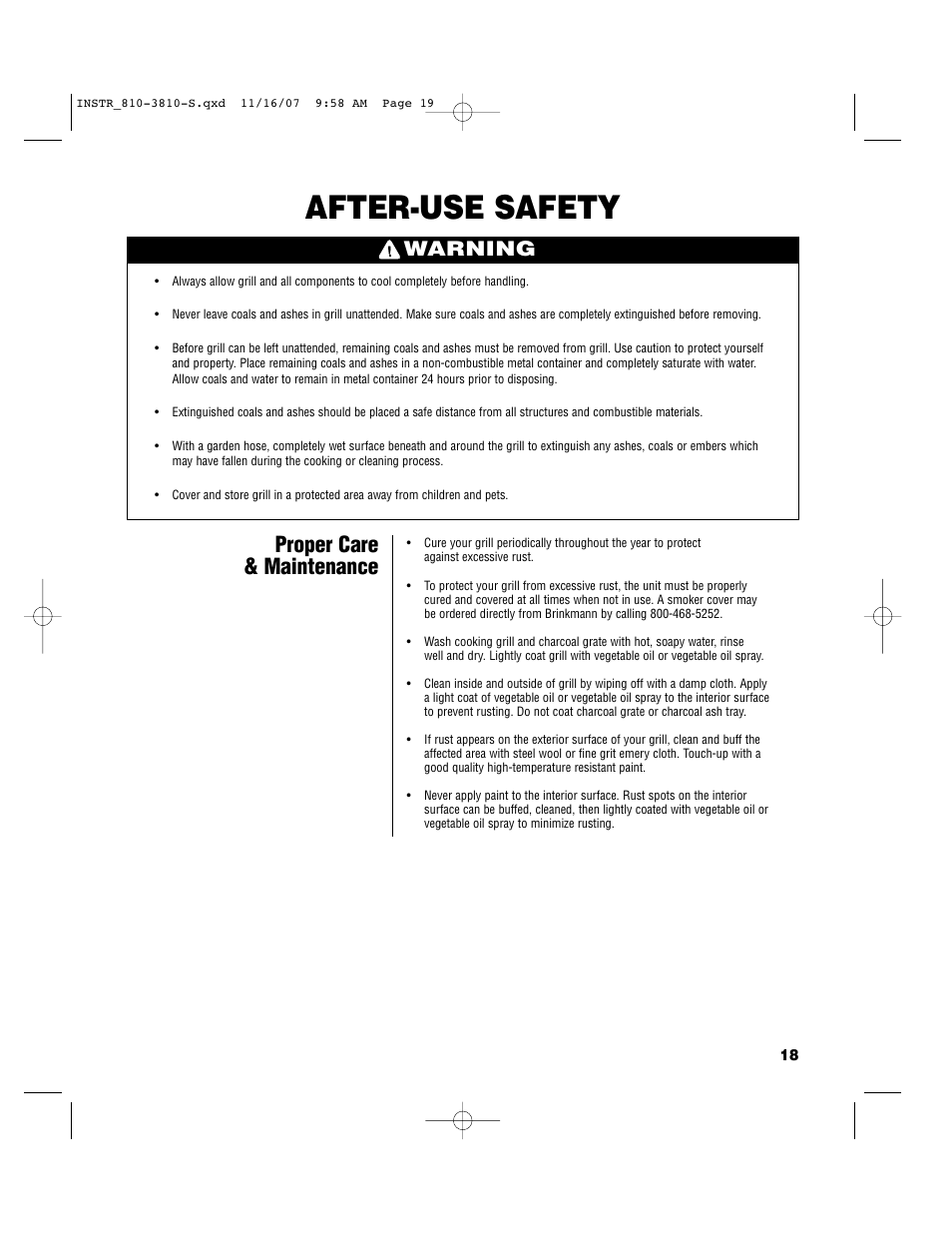 After-use safety, Proper care & maintenance, Warning | Brinkmann 810-3810-S User Manual | Page 19 / 40