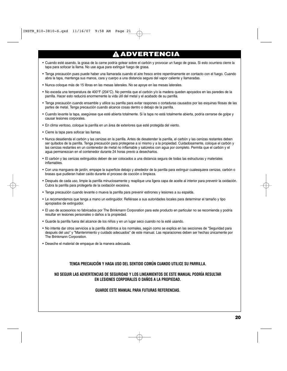 Advertencia | Brinkmann 810-3810-S User Manual | Page 21 / 40