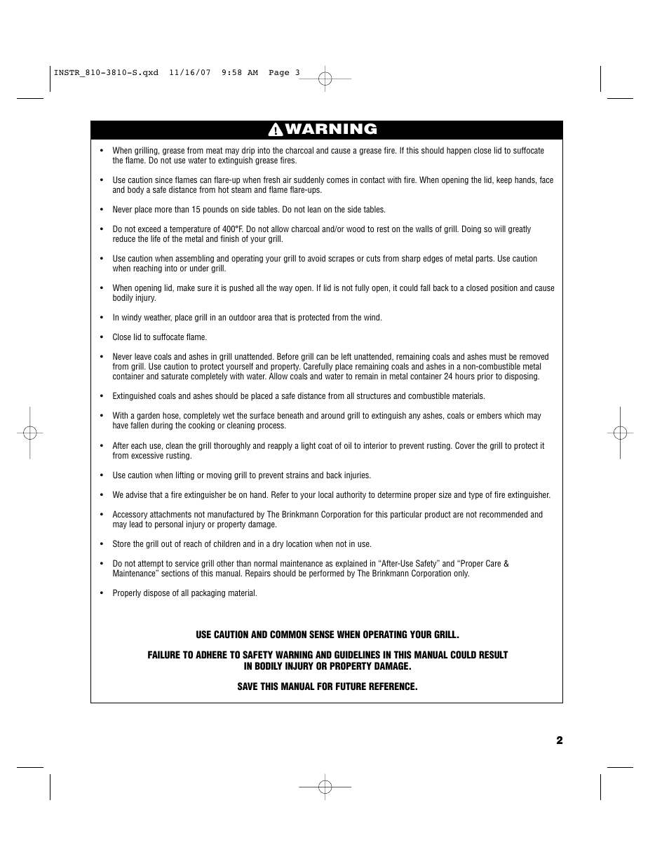 Warning | Brinkmann 810-3810-S User Manual | Page 3 / 40