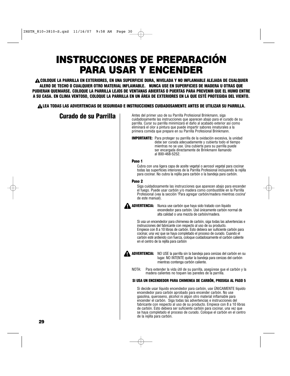 Instrucciones de preparación para usar y encender, Curado de su parrilla | Brinkmann 810-3810-S User Manual | Page 30 / 40