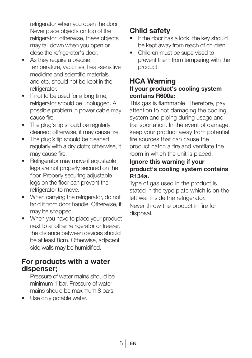 For products with a water dispenser, Child safety, Hca warning | Blomberg KNM 1551 iF A+ User Manual | Page 10 / 312