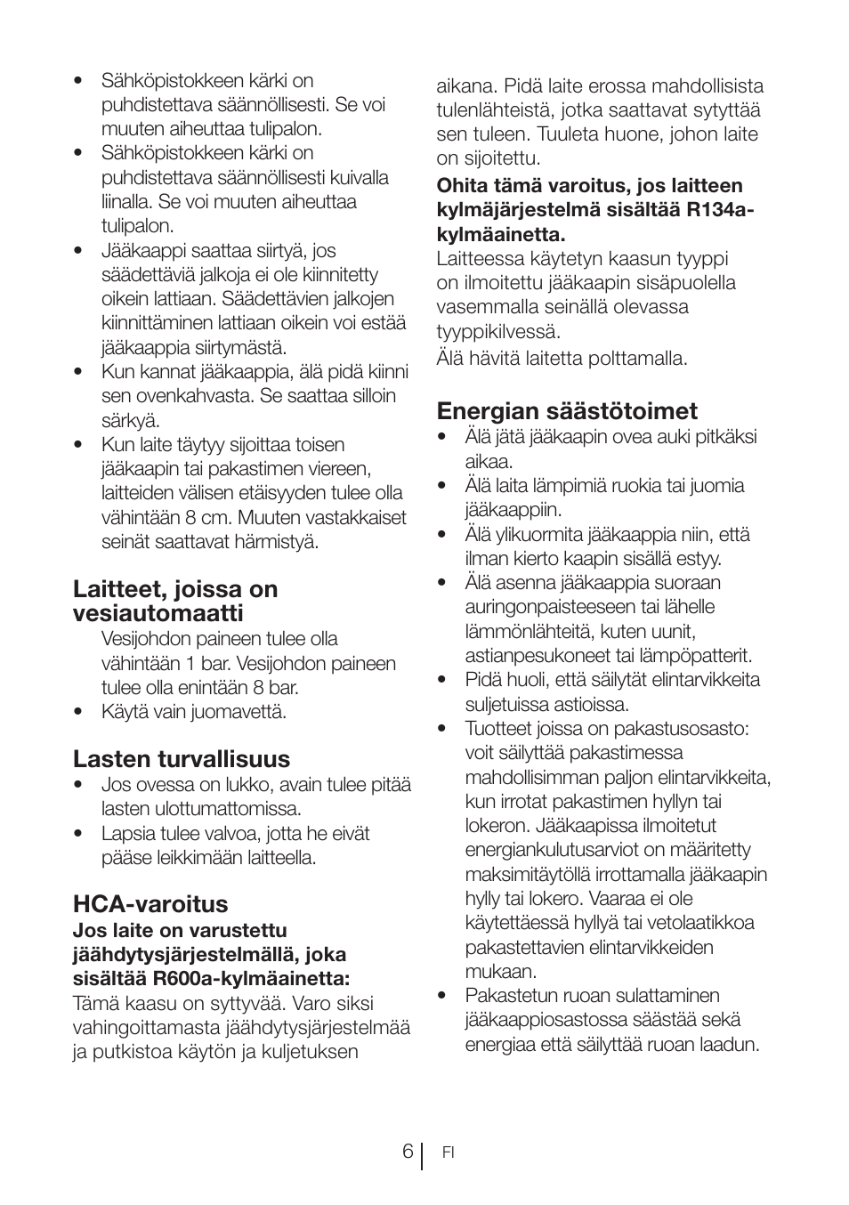 Laitteet, joissa on vesiautomaatti, Lasten turvallisuus, Hca-varoitus | Energian säästötoimet | Blomberg KNM 1551 iF A+ User Manual | Page 109 / 312