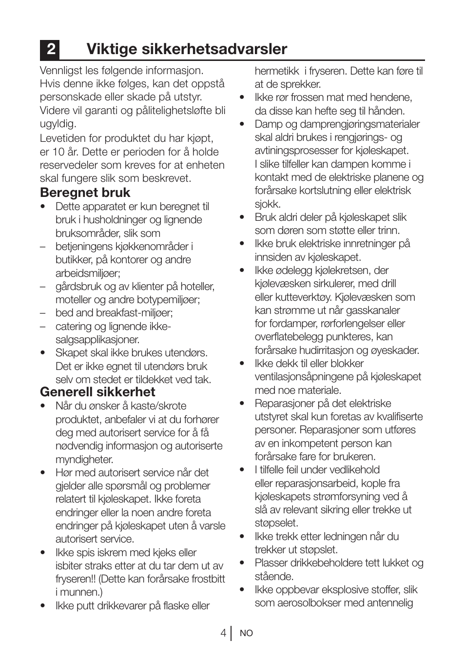 2viktige sikkerhetsadvarsler, Beregnet bruk, Generell sikkerhet | Blomberg KNM 1551 iF A+ User Manual | Page 126 / 312
