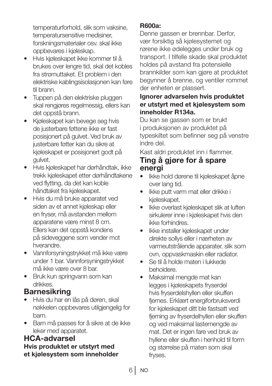 Barnesikring, Hca-advarsel, Ting å gjøre for å spare energi | Blomberg KNM 1551 iF A+ User Manual | Page 128 / 312