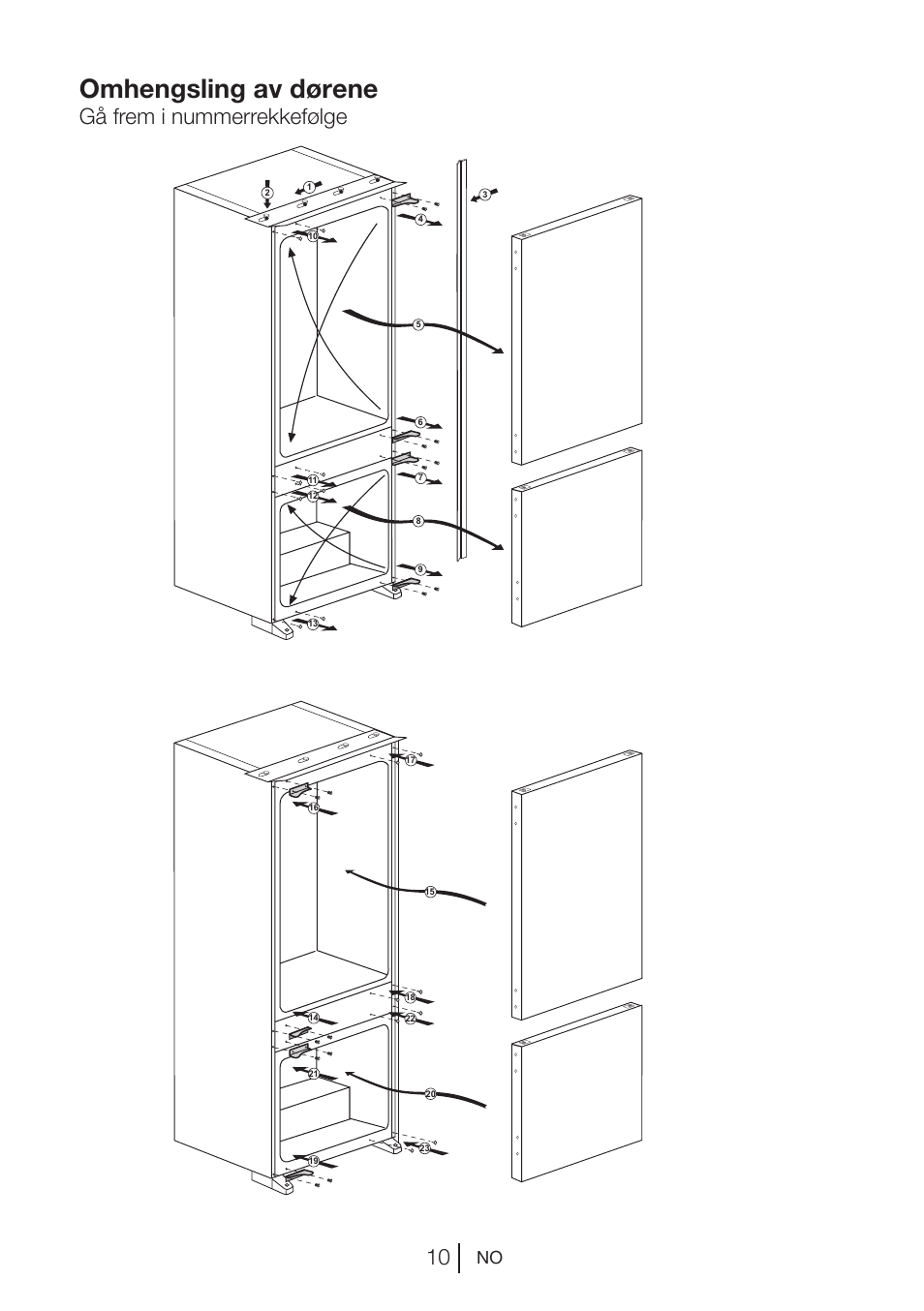 Omhengsling av dørene, Gå frem i nummerrekkefølge | Blomberg KNM 1551 iF A+ User Manual | Page 132 / 312