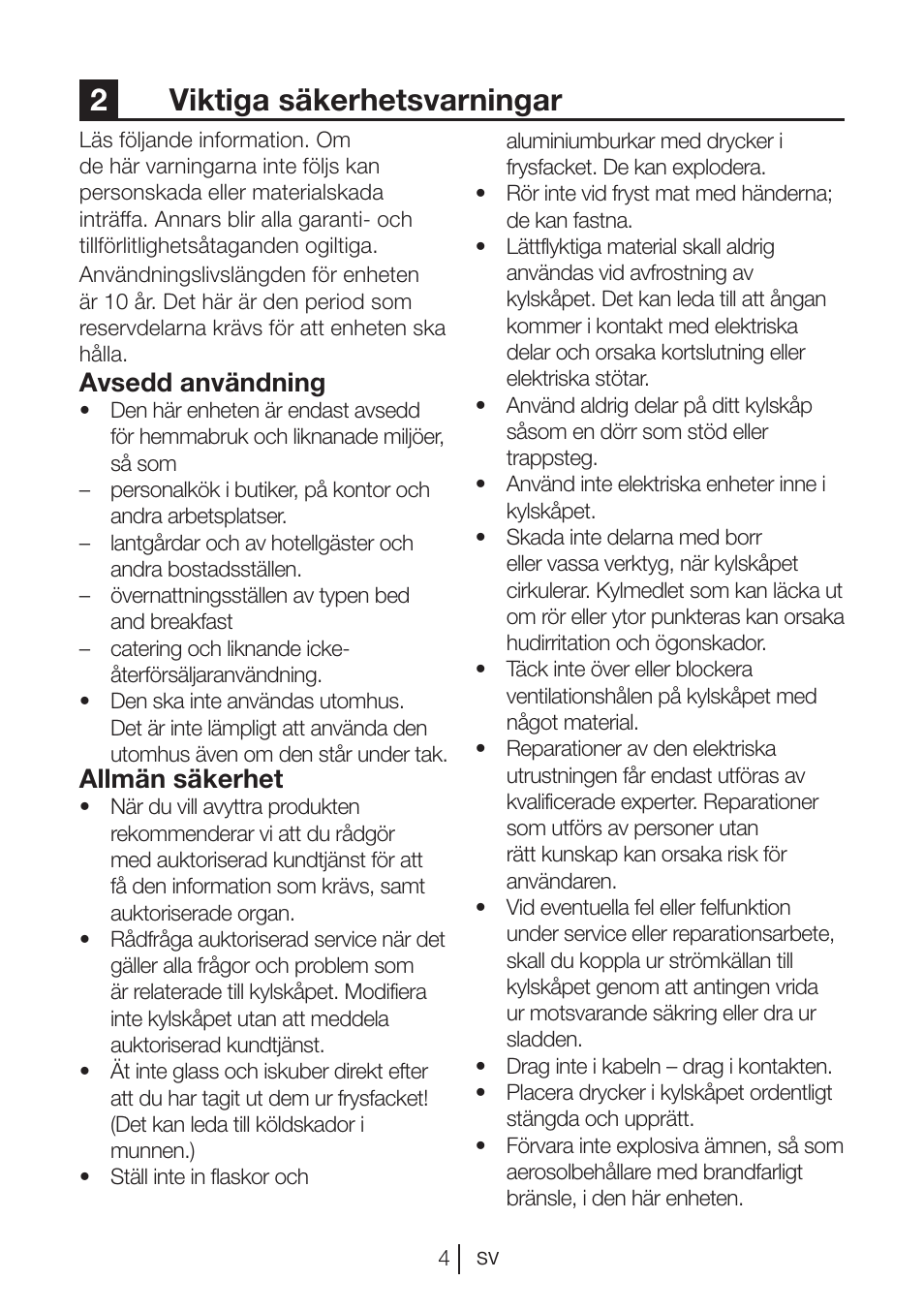 2viktiga säkerhetsvarningar, Avsedd användning, Allmän säkerhet | Blomberg KNM 1551 iF A+ User Manual | Page 144 / 312