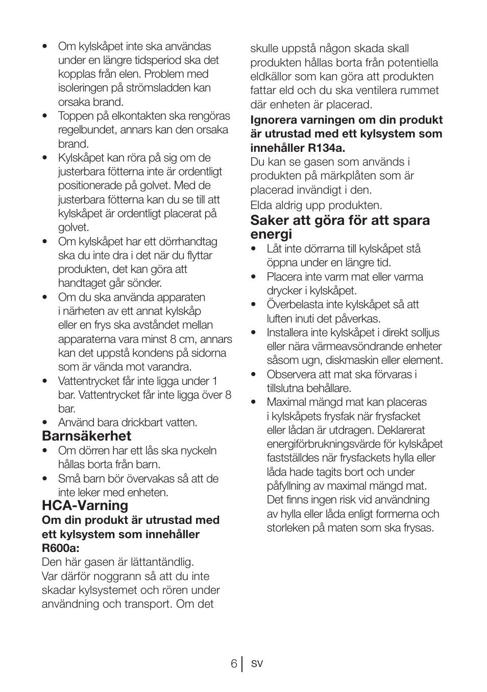 Barnsäkerhet, Hca-varning, Saker att göra för att spara energi | Blomberg KNM 1551 iF A+ User Manual | Page 146 / 312