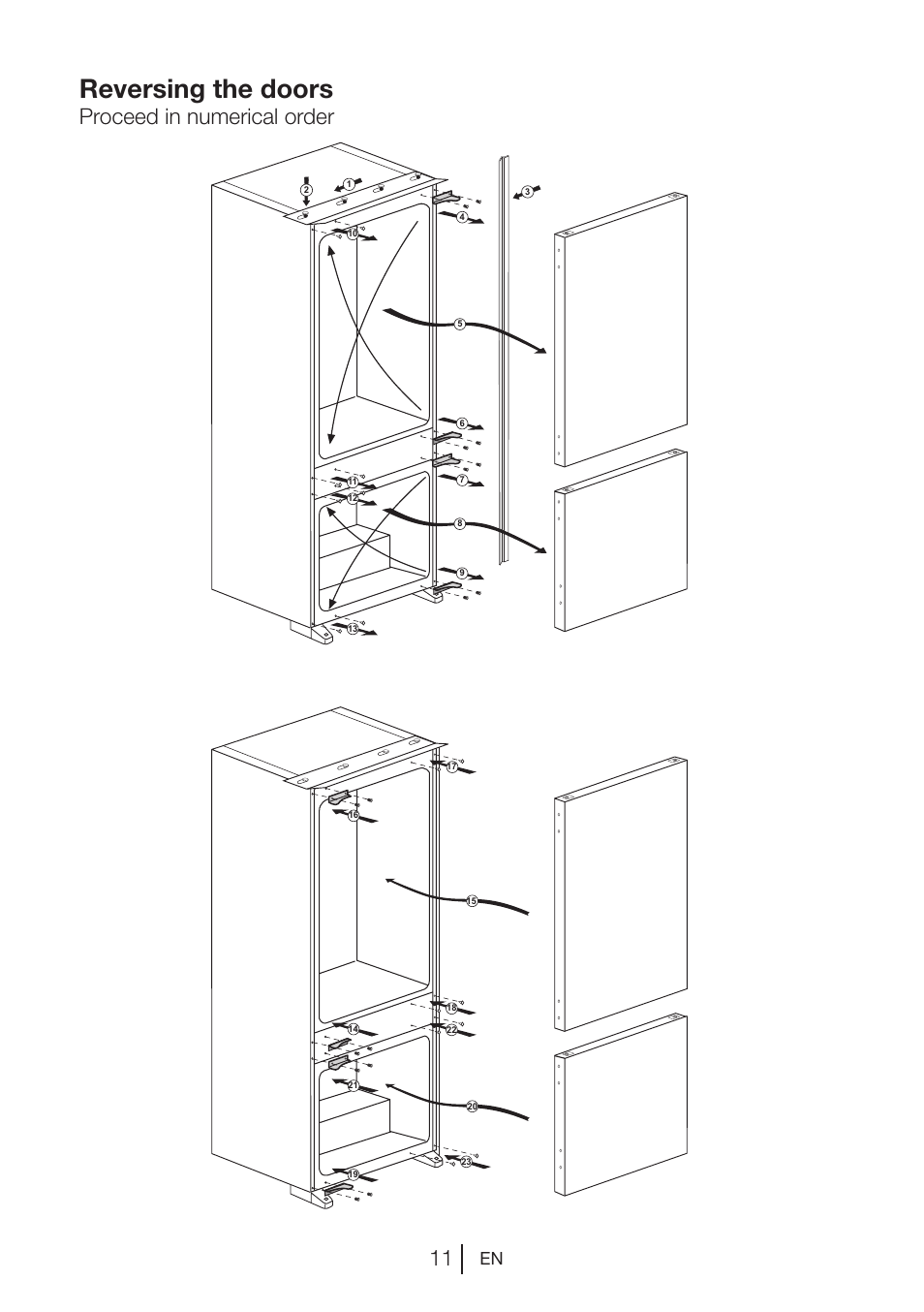 Reversing the doors, Proceed in numerical order | Blomberg KNM 1551 iF A+ User Manual | Page 15 / 312