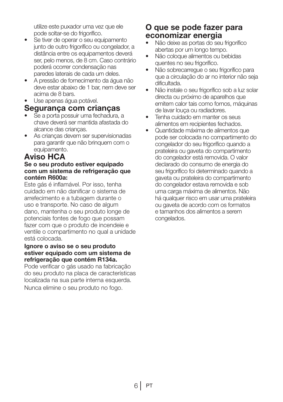 Segurança com crianças, Aviso hca, O que se pode fazer para economizar energia | Blomberg KNM 1551 iF A+ User Manual | Page 239 / 312