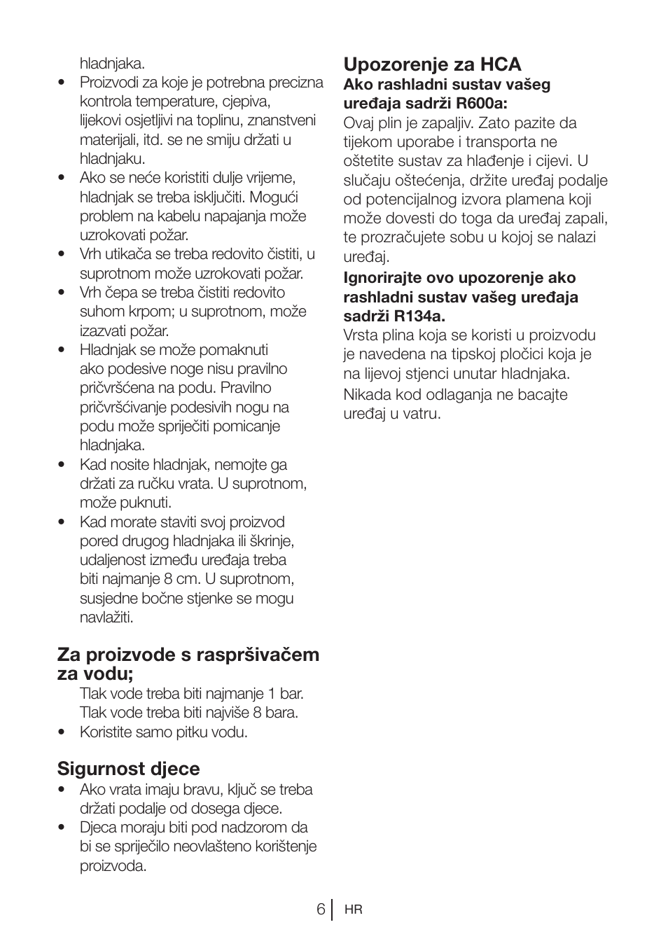 Za proizvode s raspršivačem za vodu, Sigurnost djece, Upozorenje za hca | Blomberg KNM 1551 iF A+ User Manual | Page 295 / 312