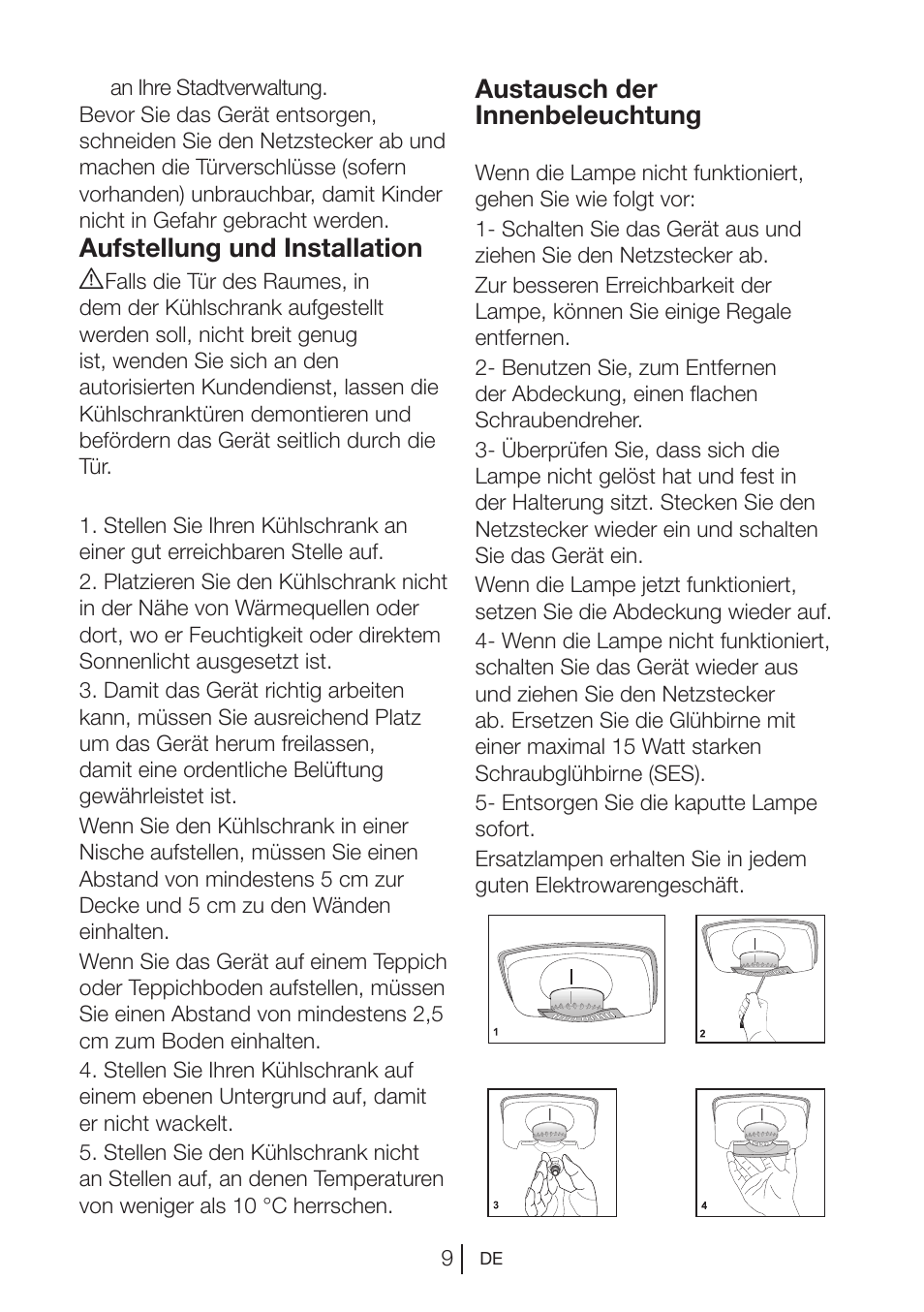 Aufstellung und installation a, Austausch der innenbeleuchtung | Blomberg KNM 1551 iF A+ User Manual | Page 32 / 312