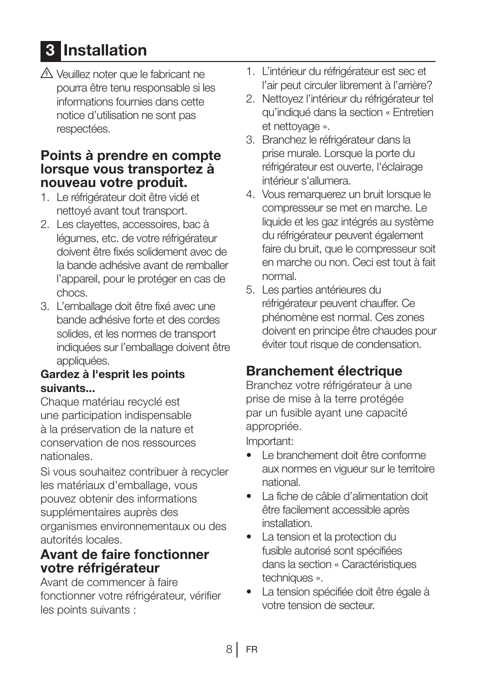 3installation, Avant de faire fonctionner votre réfrigérateur, Branchement électrique | Blomberg KNM 1551 iF A+ User Manual | Page 51 / 312