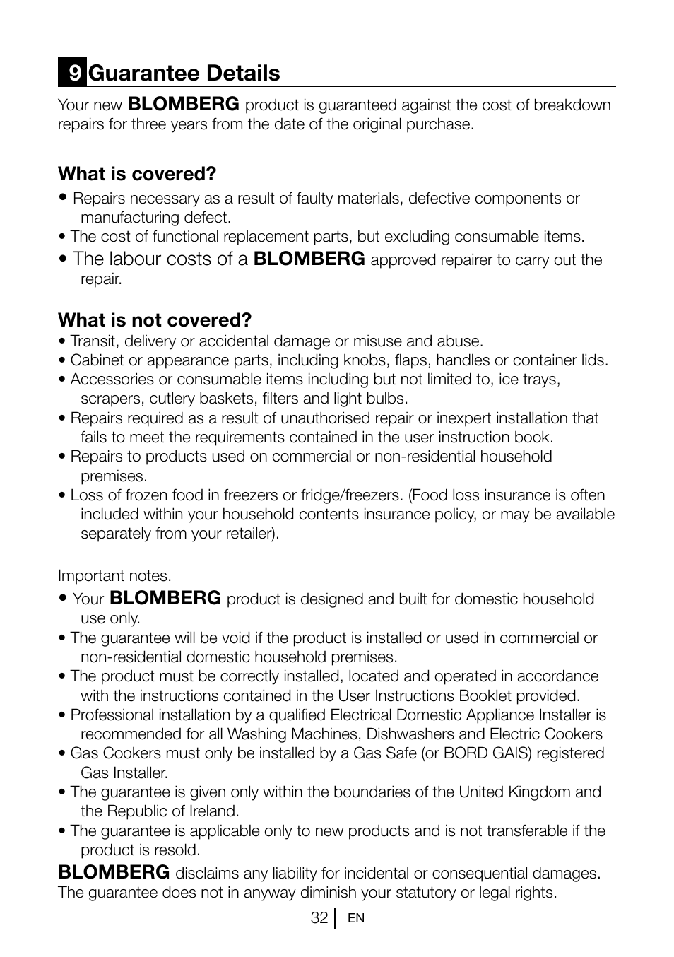 9guarantee details, Blomberg, What is covered | The labour costs of a blomberg, What is not covered | Blomberg KNM 1561 i User Manual | Page 33 / 34