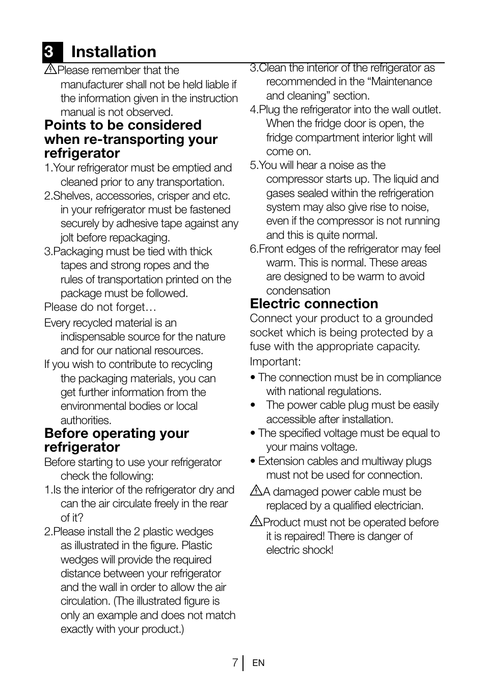 3installation, Before operating your refrigerator, Electric connection | Blomberg KNM 1561 i User Manual | Page 8 / 34