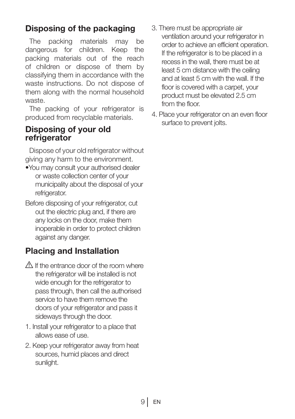 Disposing of the packaging, Disposing of your old refrigerator, Placing and installation a | Blomberg DSM 1510 i User Manual | Page 10 / 135