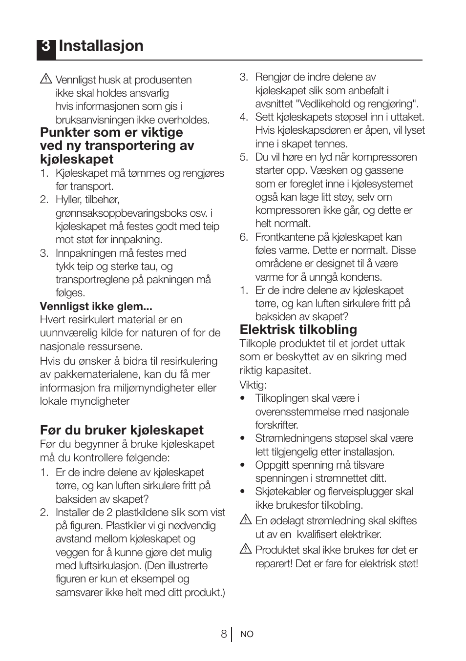 3installasjon, Før du bruker kjøleskapet, Elektrisk tilkobling | Blomberg DSM 1510 i User Manual | Page 106 / 135