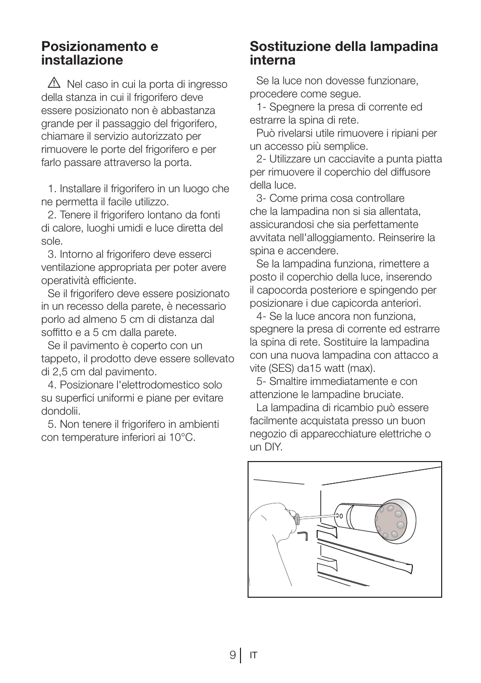 Posizionamento e installazione a, Sostituzione della lampadina interna | Blomberg DSM 1510 i User Manual | Page 125 / 135