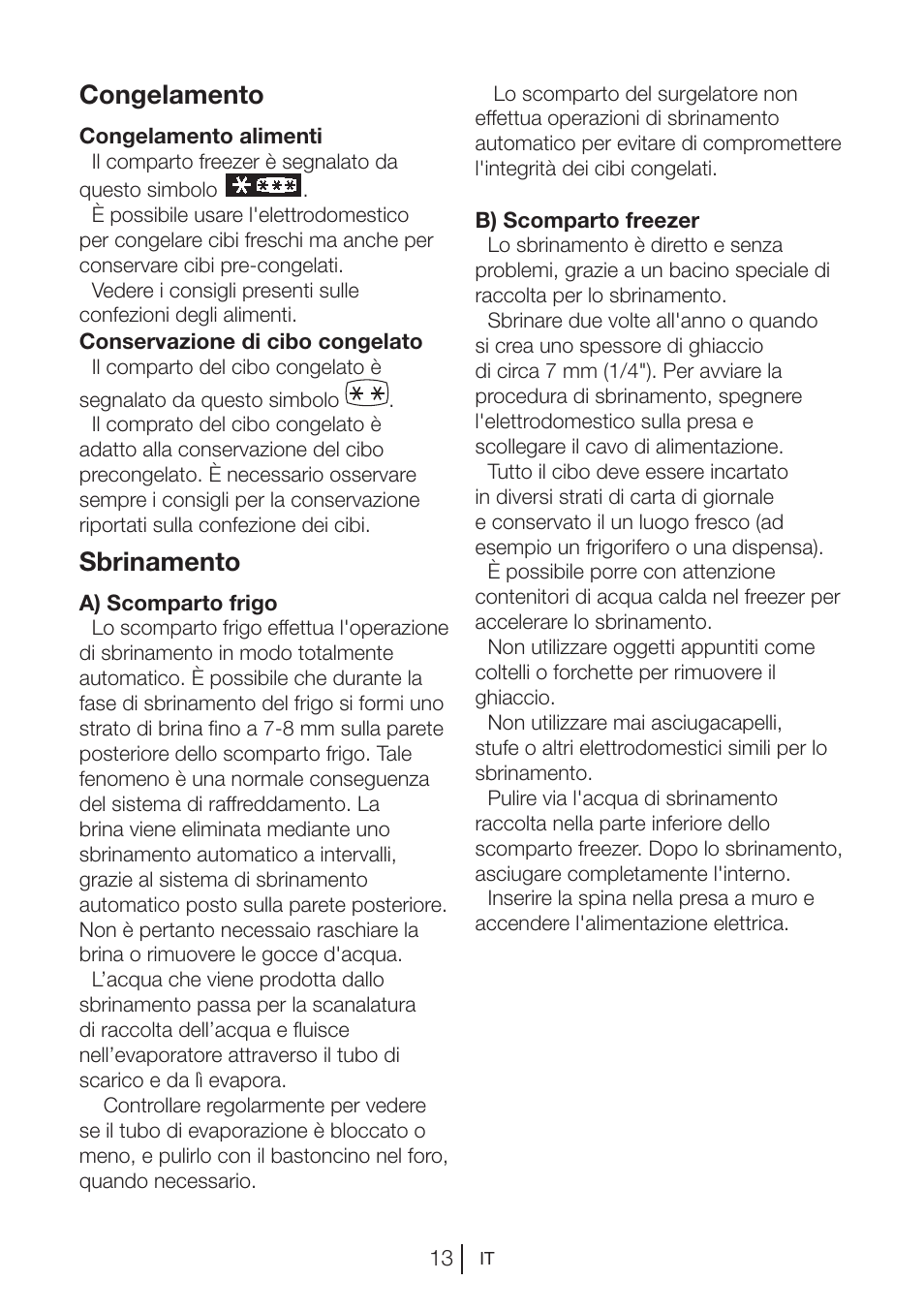 Congelamento, Sbrinamento | Blomberg DSM 1510 i User Manual | Page 129 / 135