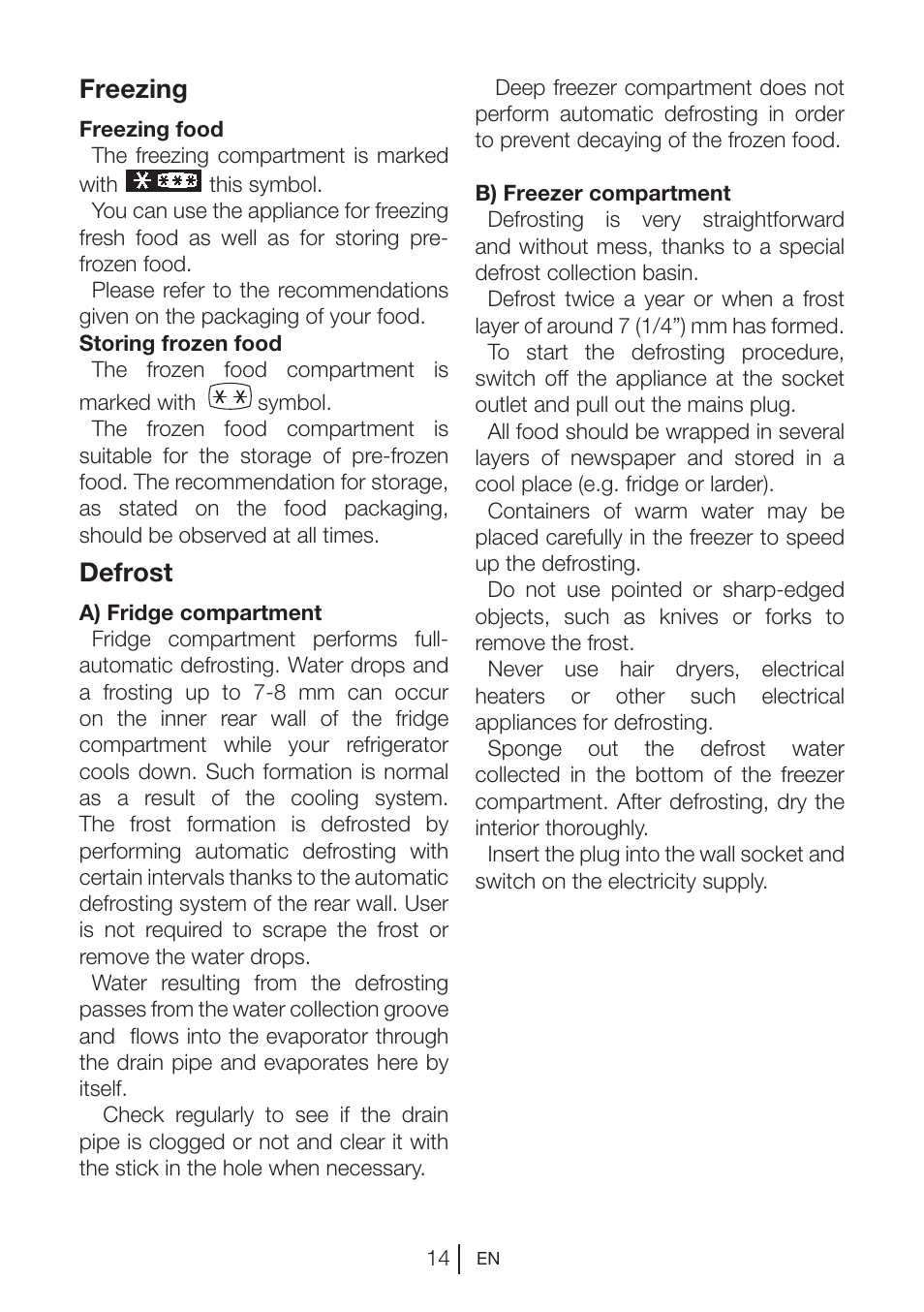 Freezing, Defrost | Blomberg DSM 1510 i User Manual | Page 15 / 135
