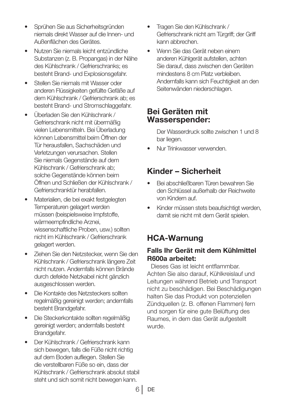 Bei geräten mit wasserspender, Kinder – sicherheit, Hca-warnung | Blomberg DSM 1510 i User Manual | Page 26 / 135