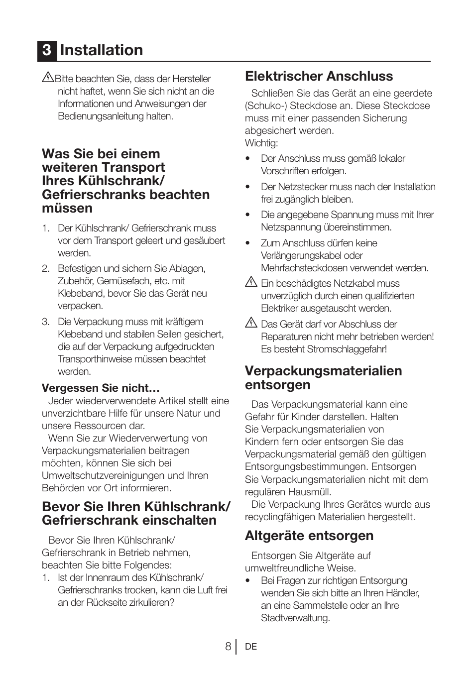 3installation, Elektrischer anschluss, Verpackungsmaterialien entsorgen | Altgeräte entsorgen | Blomberg DSM 1510 i User Manual | Page 28 / 135