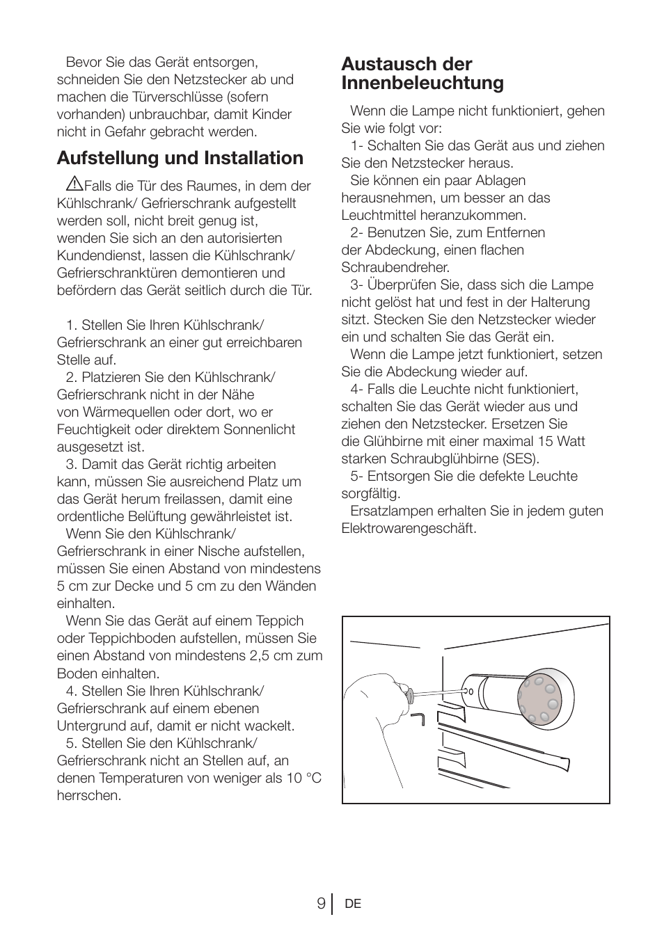 Aufstellung und installation a, Austausch der innenbeleuchtung | Blomberg DSM 1510 i User Manual | Page 29 / 135