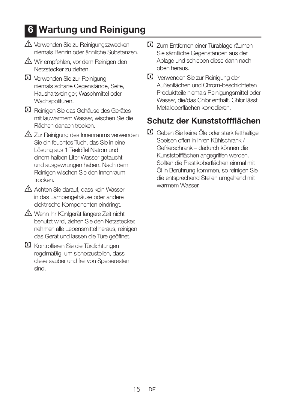 6wartung und reinigung, Schutz der kunststoffflächen c | Blomberg DSM 1510 i User Manual | Page 35 / 135