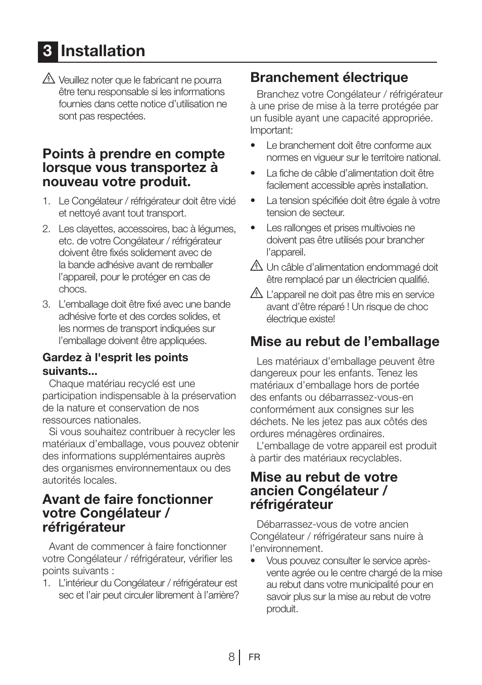 3installation, Branchement électrique, Mise au rebut de l’emballage | Blomberg DSM 1510 i User Manual | Page 47 / 135