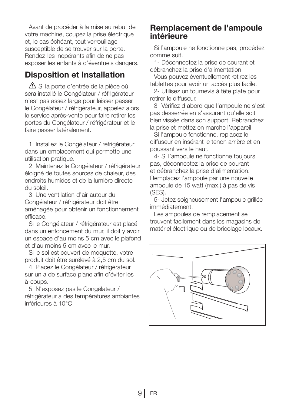 Disposition et installation a, Remplacement de l'ampoule intérieure | Blomberg DSM 1510 i User Manual | Page 48 / 135