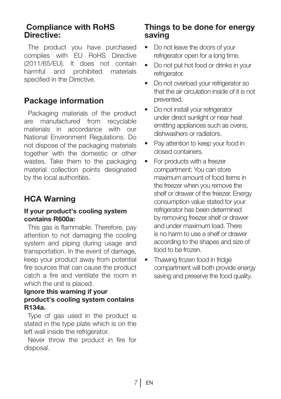 Compliance with rohs directive, Package information, Hca warning | Things to be done for energy saving | Blomberg DSM 1510 i User Manual | Page 8 / 135