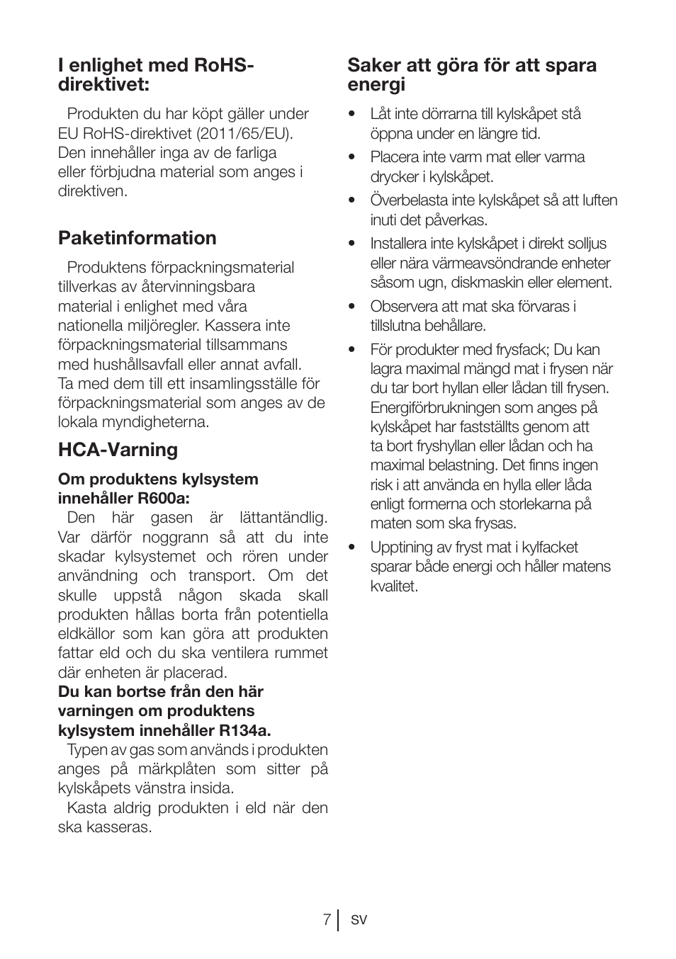 I enlighet med rohs- direktivet, Paketinformation, Hca-varning | Saker att göra för att spara energi | Blomberg DSM 1510 i User Manual | Page 85 / 135