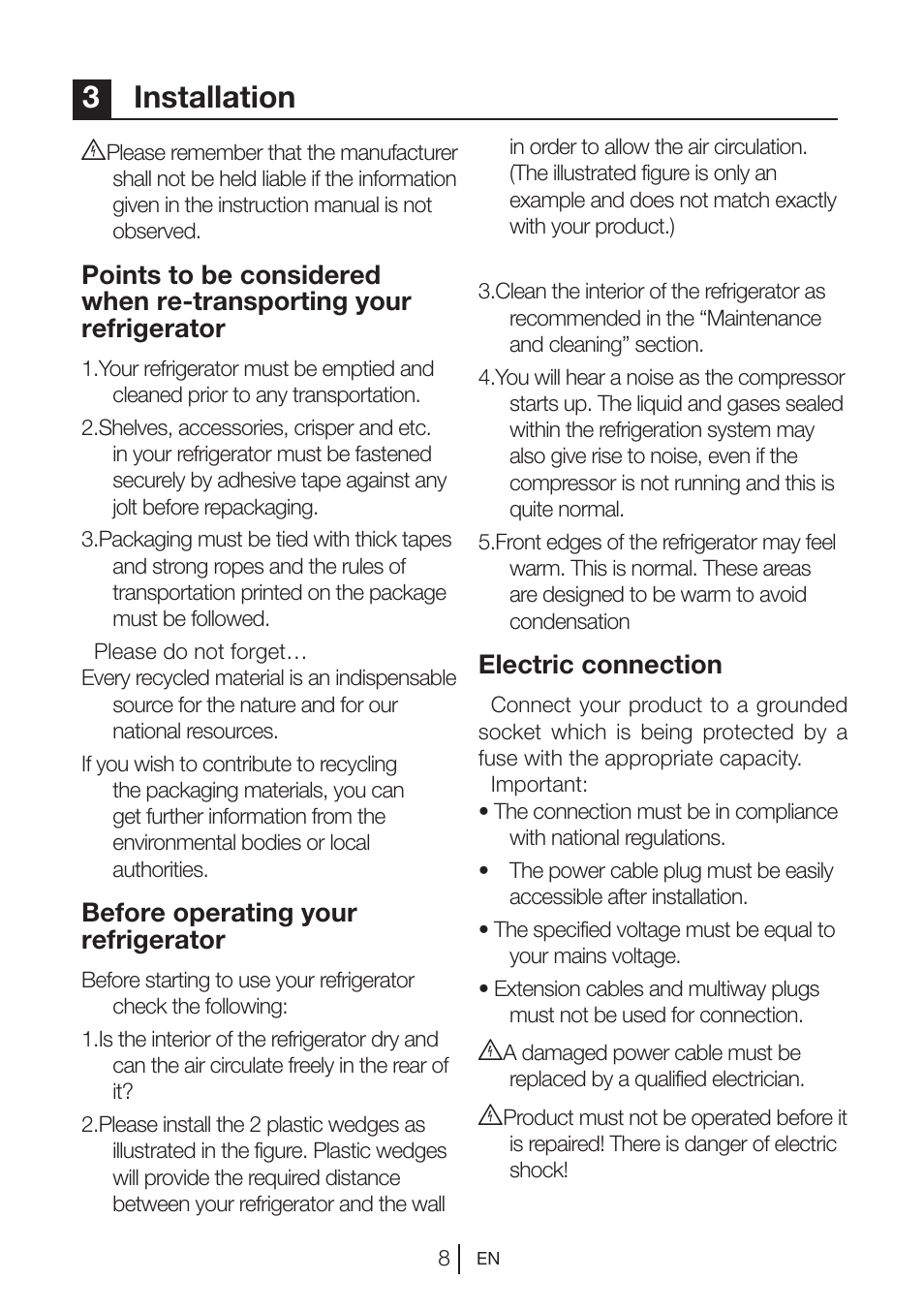 3installation, Before operating your refrigerator, Electric connection | Blomberg DSM 1510 i User Manual | Page 9 / 135