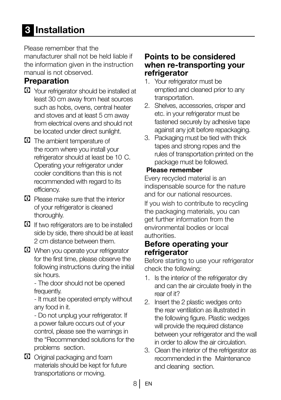 3installation, Preparation c, Before operating your refrigerator | Blomberg FNT 1580 i A+ User Manual | Page 10 / 23